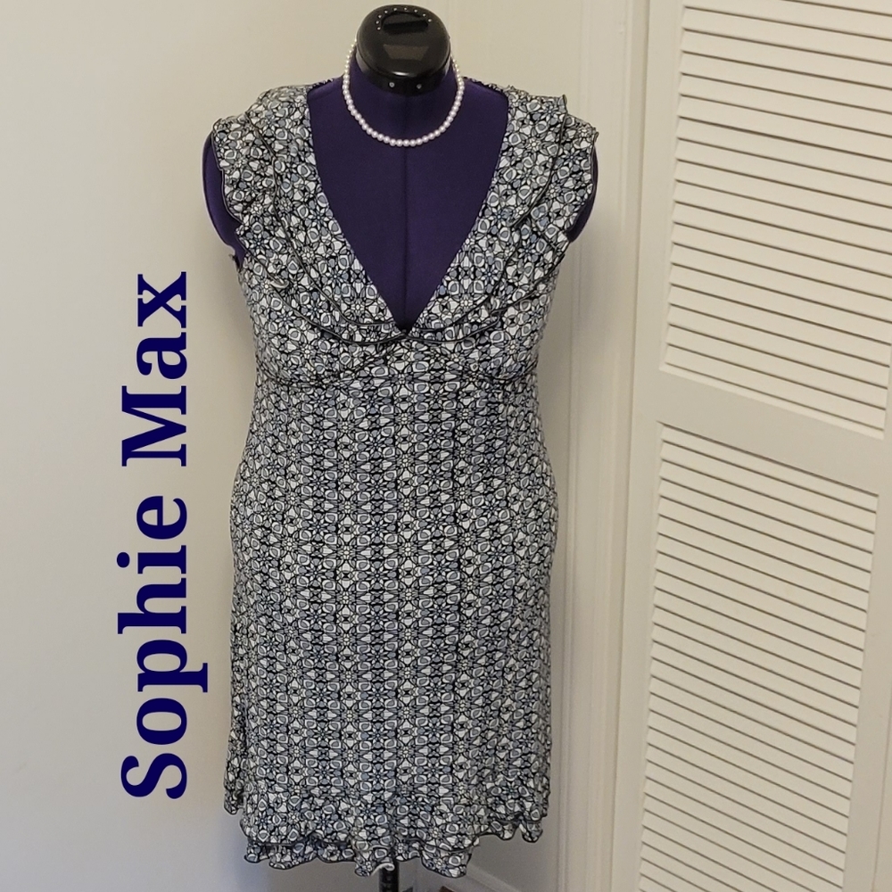 Sophie Max blue ruffle flutter cap sleeve A-line flowy dress sz: M